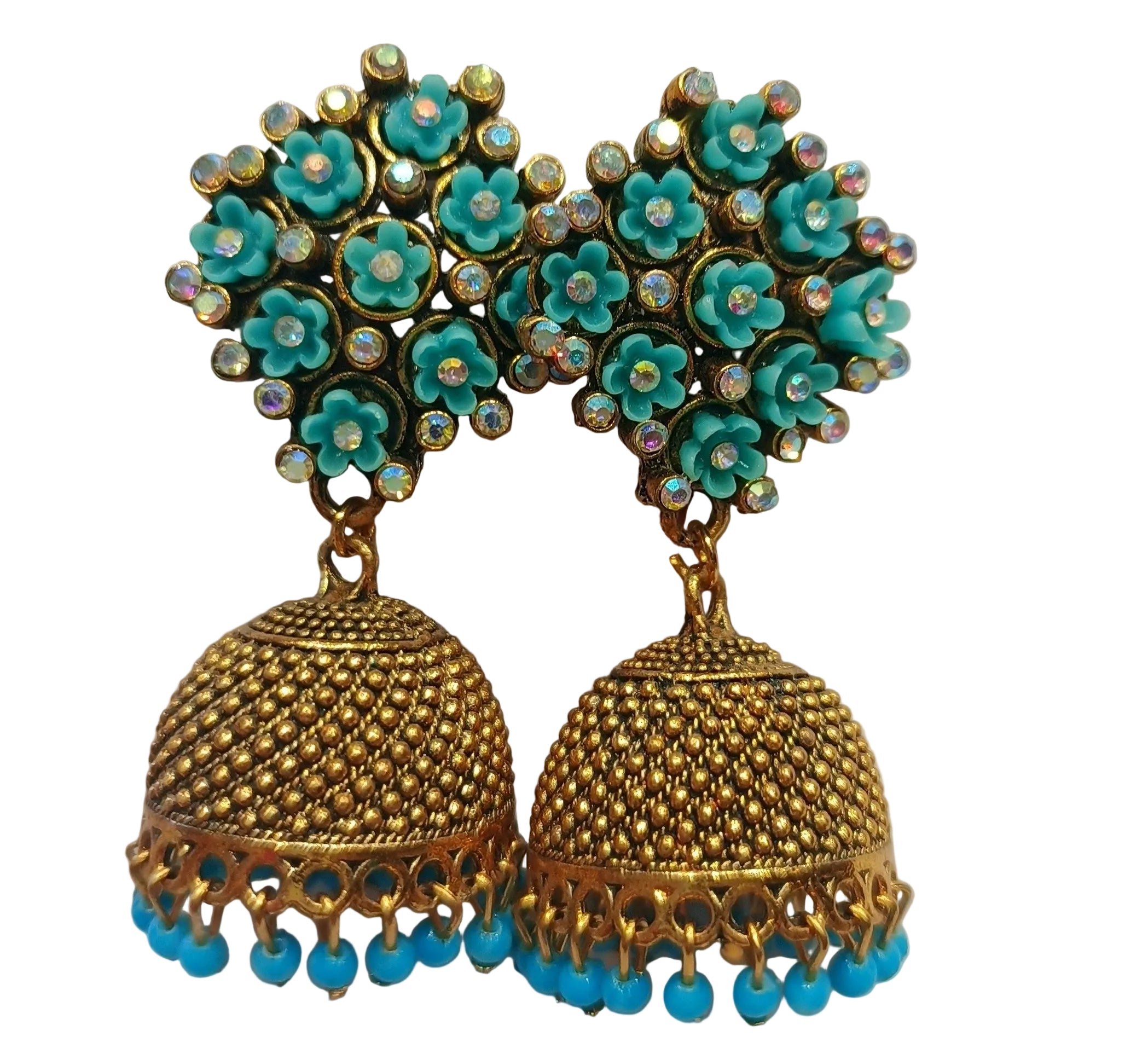 Turquoise Floral Jhumka Earrings for Women – Gold Plated Ethnic Party Wear Jewellery with Beads