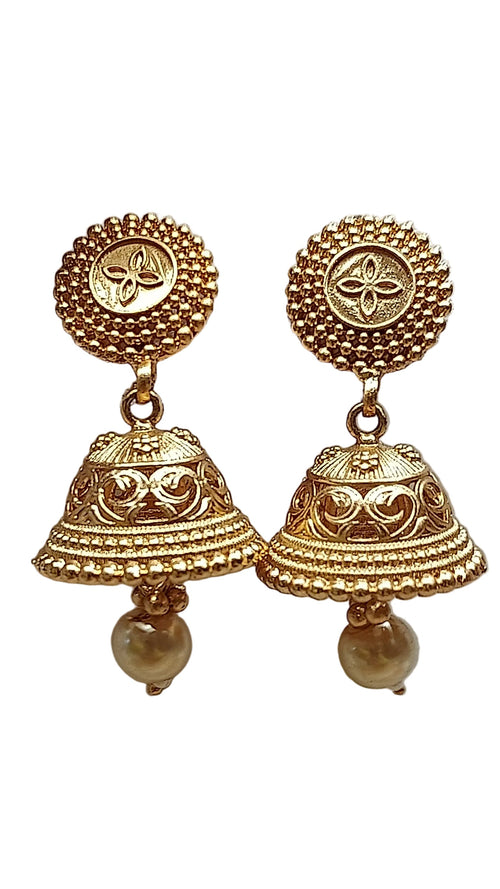 Antique gold traditional jhumka earrings with pearl drop for daily wear India