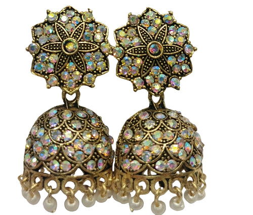 Antique gold stone jhumka earrings with pearls floral bridal kundan style ethnic jewellery India