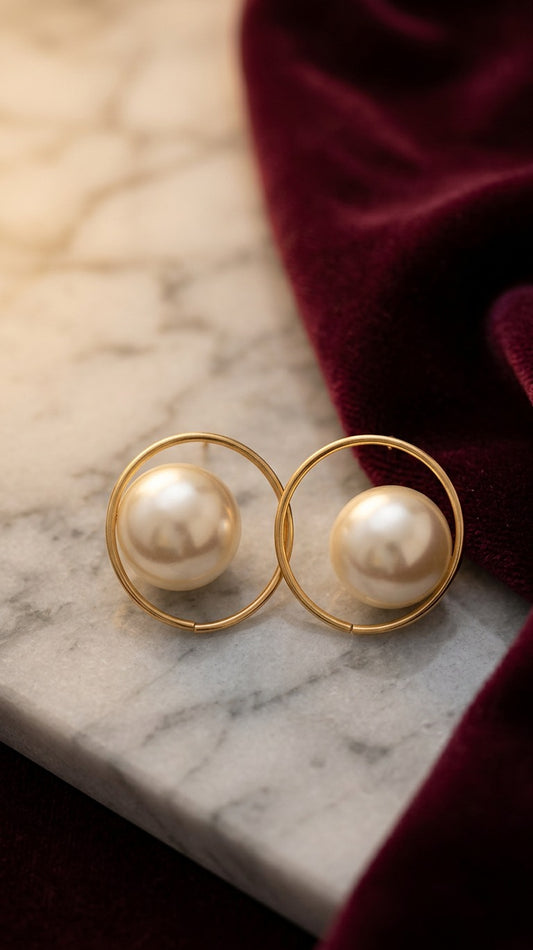 Elegant gold circle pearl stud earrings for women, minimal stylish earrings for office and daily wear in India