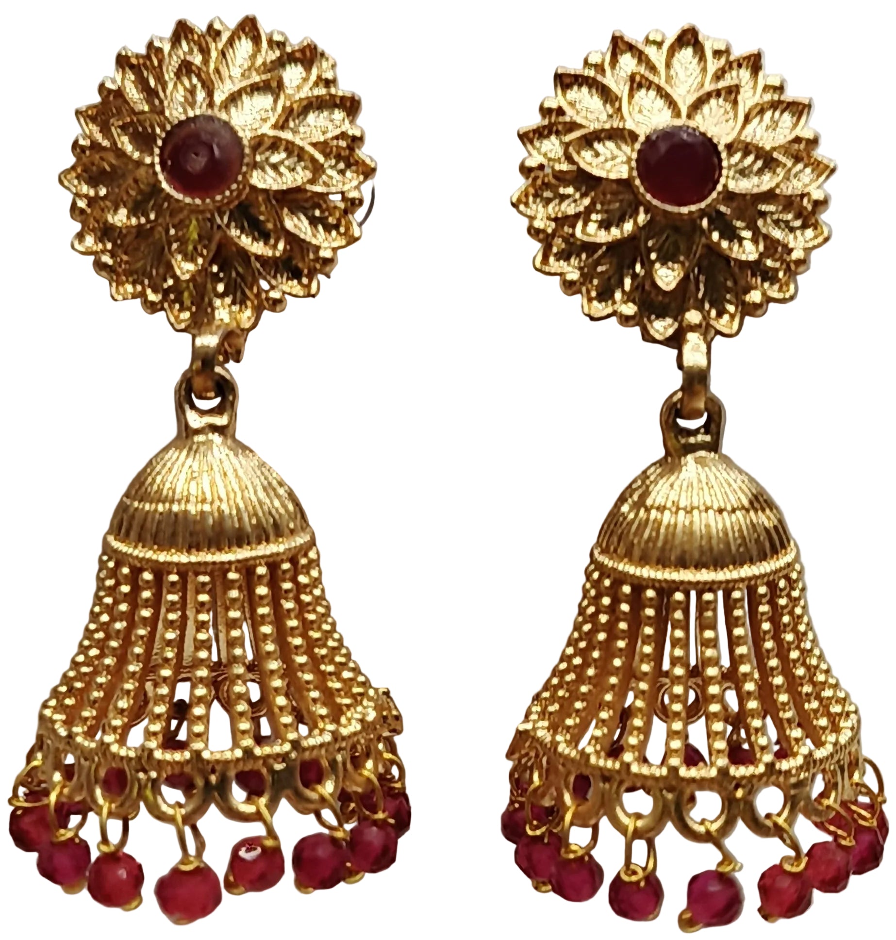 Gold plated floral jhumka earrings with red beads for women traditional bridal festive jewellery India