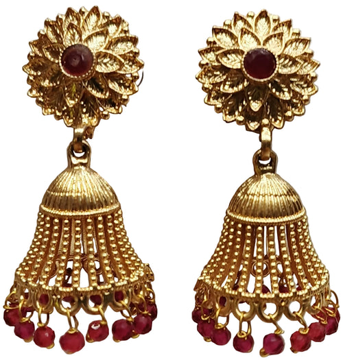 Gold plated floral jhumka earrings with red beads for women traditional bridal festive jewellery India