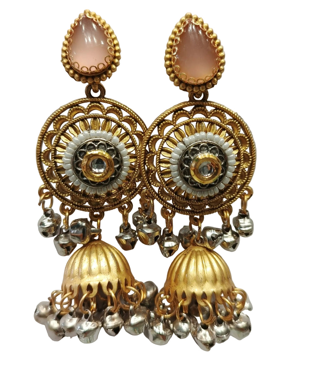 Gold plated kundan pearl jhumka earrings with ghungroo for women traditional bridal jewellery India