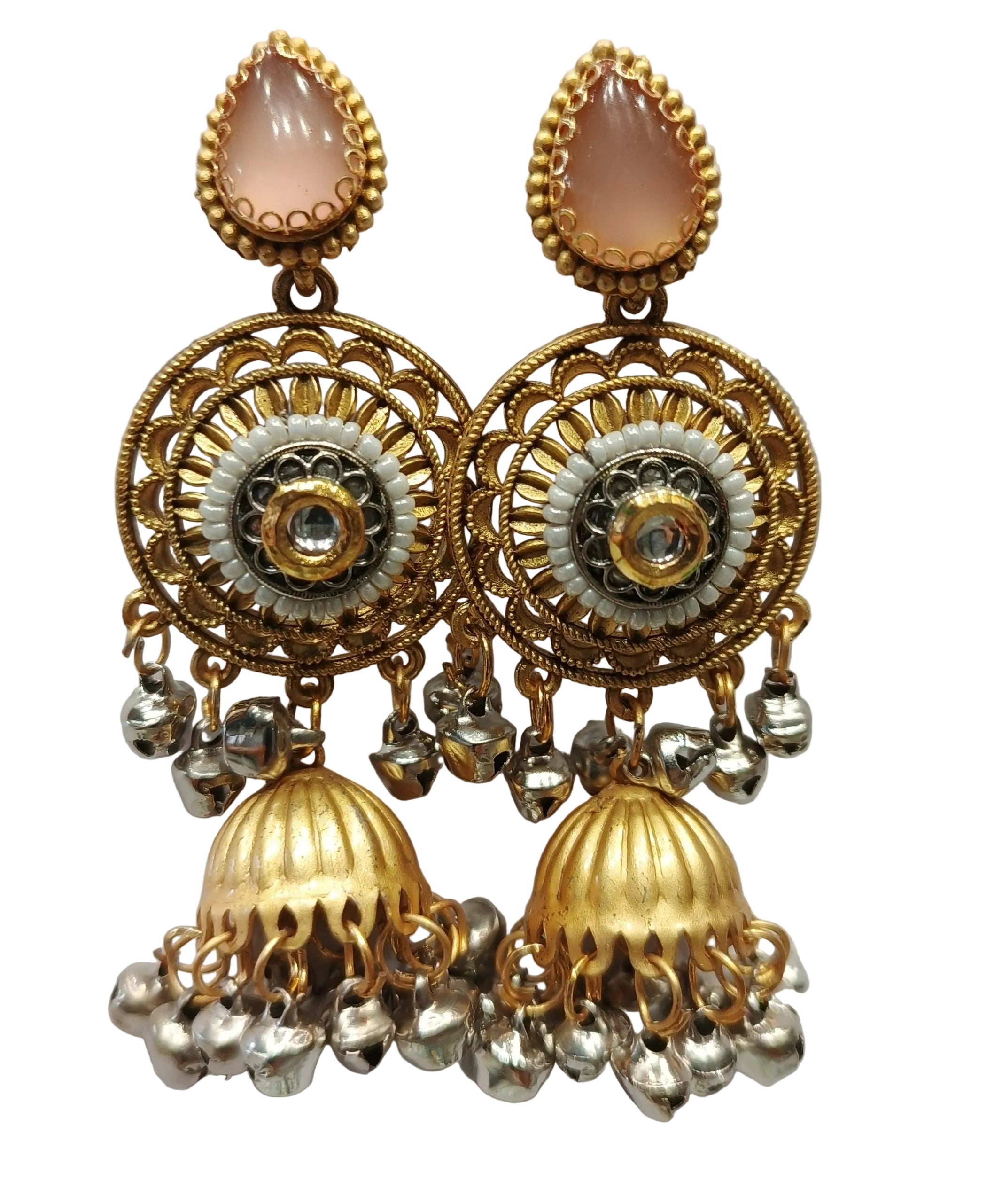 Gold plated kundan pearl jhumka earrings with ghungroo for women traditional bridal jewellery India