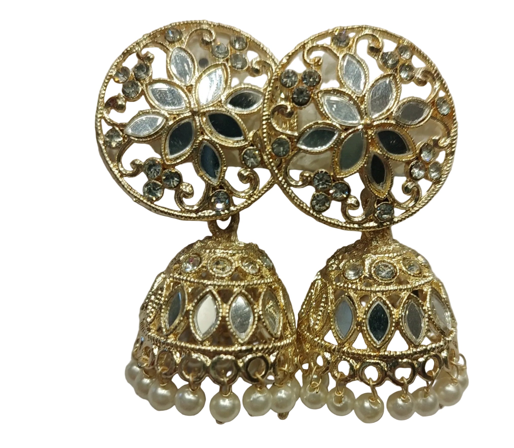 Gold plated mirror work jhumka earrings with pearl drops for women ethnic jewellery India