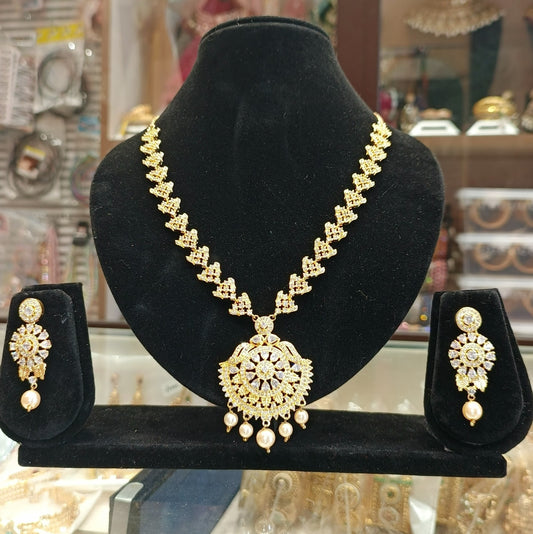 Gold plated American diamond bridal necklace set with pearl drops traditional wedding jewellery for women India