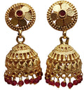 Gold plated traditional jhumka earrings with red beads for women ethnic festive jewellery India