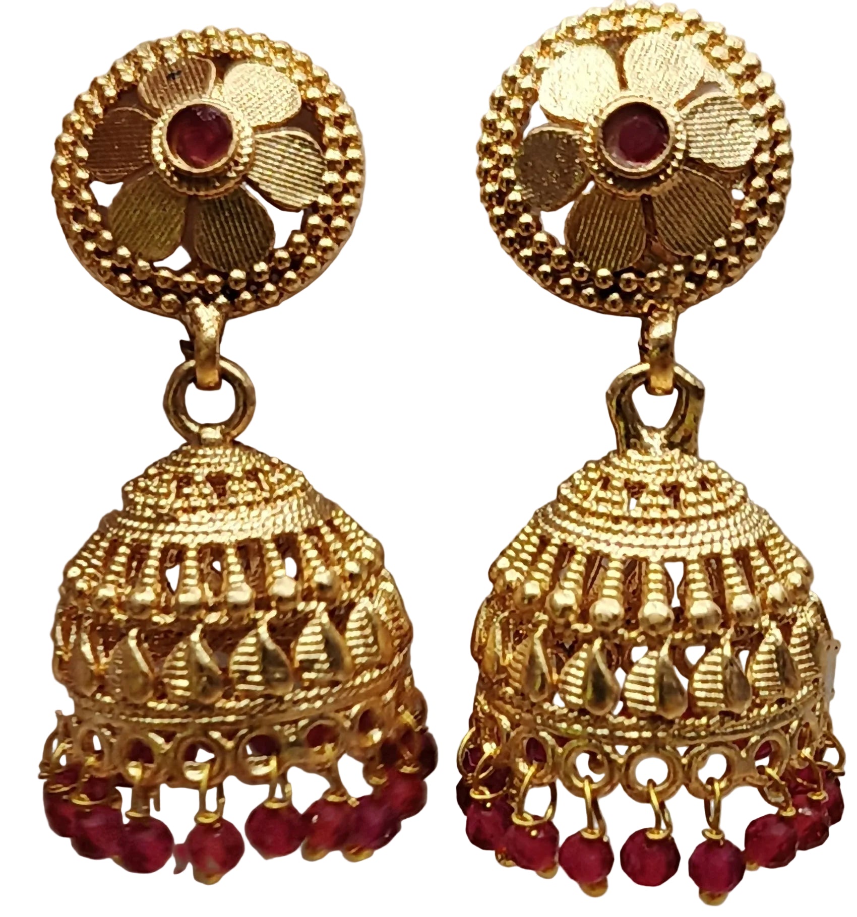 Gold plated traditional jhumka earrings with red beads for women ethnic festive jewellery India