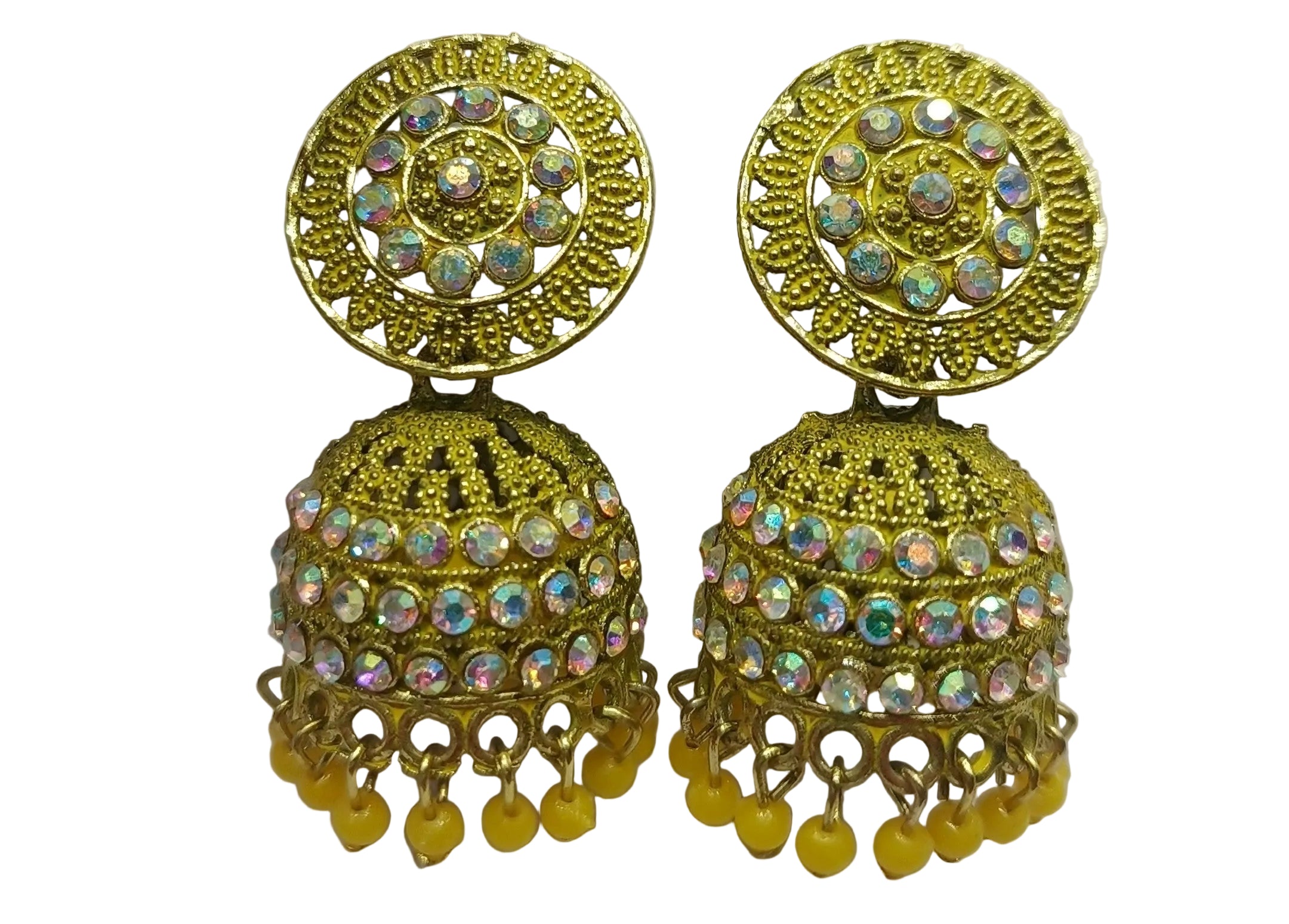 Gold plated stone jhumka earrings with yellow beads traditional haldi bridal jewellery India