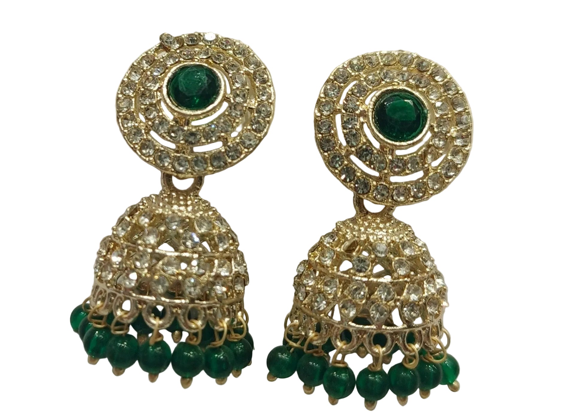 Green stone jhumka earrings gold plated kundan style bridal festive ethnic jewellery India