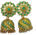 Green yellow meenakari jhumka earrings with kundan stones pearl drops haldi navratri ethnic jewellery India