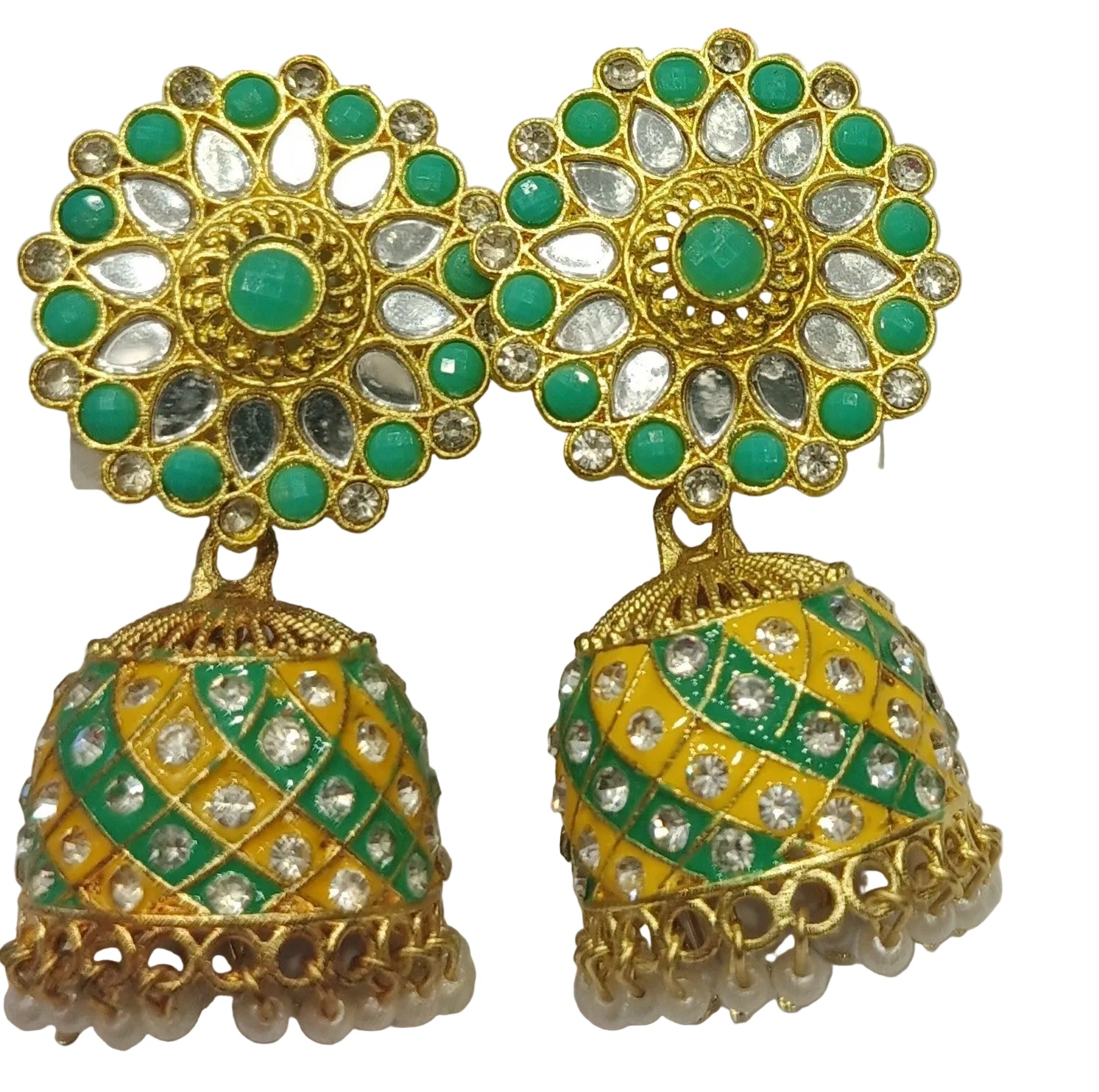 Green yellow meenakari jhumka earrings with kundan stones pearl drops haldi navratri ethnic jewellery India