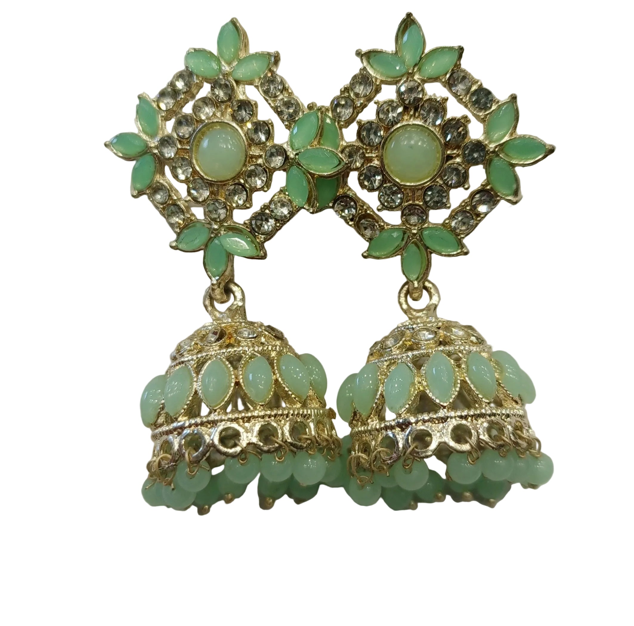 Mint green kundan jhumka earrings gold plated pastel bridal festive jewellery India