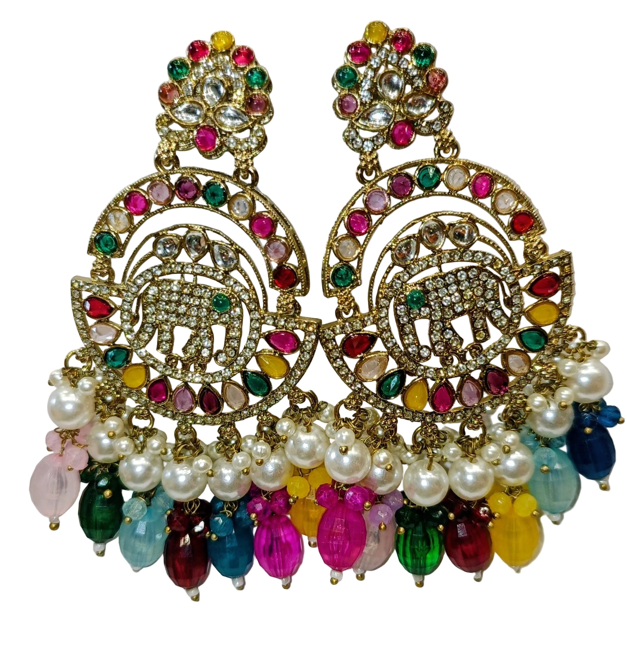 Multicolor elephant chandbali earrings for women with pearl drops traditional wedding jewellery India