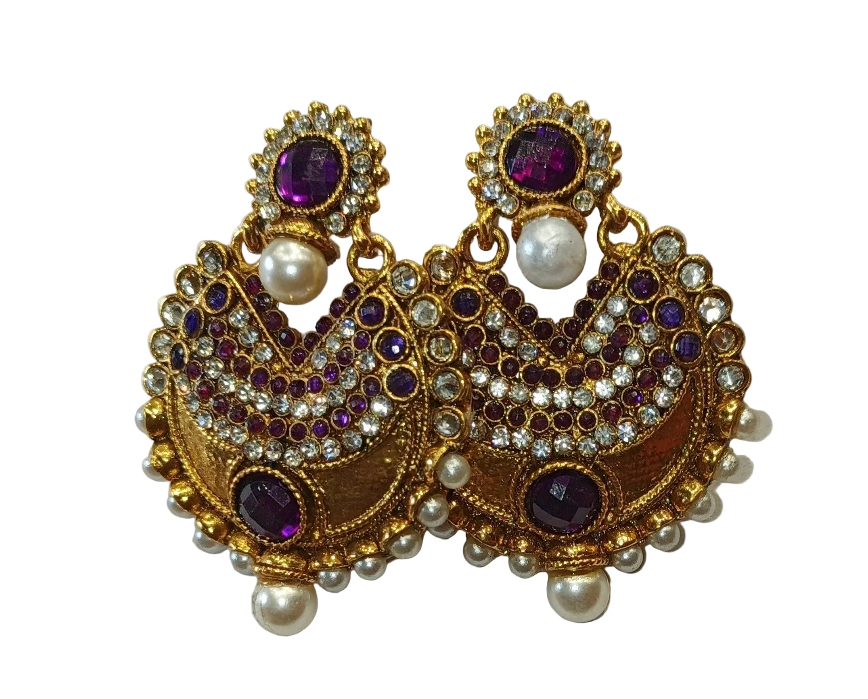 Purple kundan chandbali earrings for women with pearl drops traditional wedding jewellery India