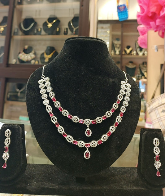Red American diamond bridal necklace set with earrings silver look wedding jewellery for women India