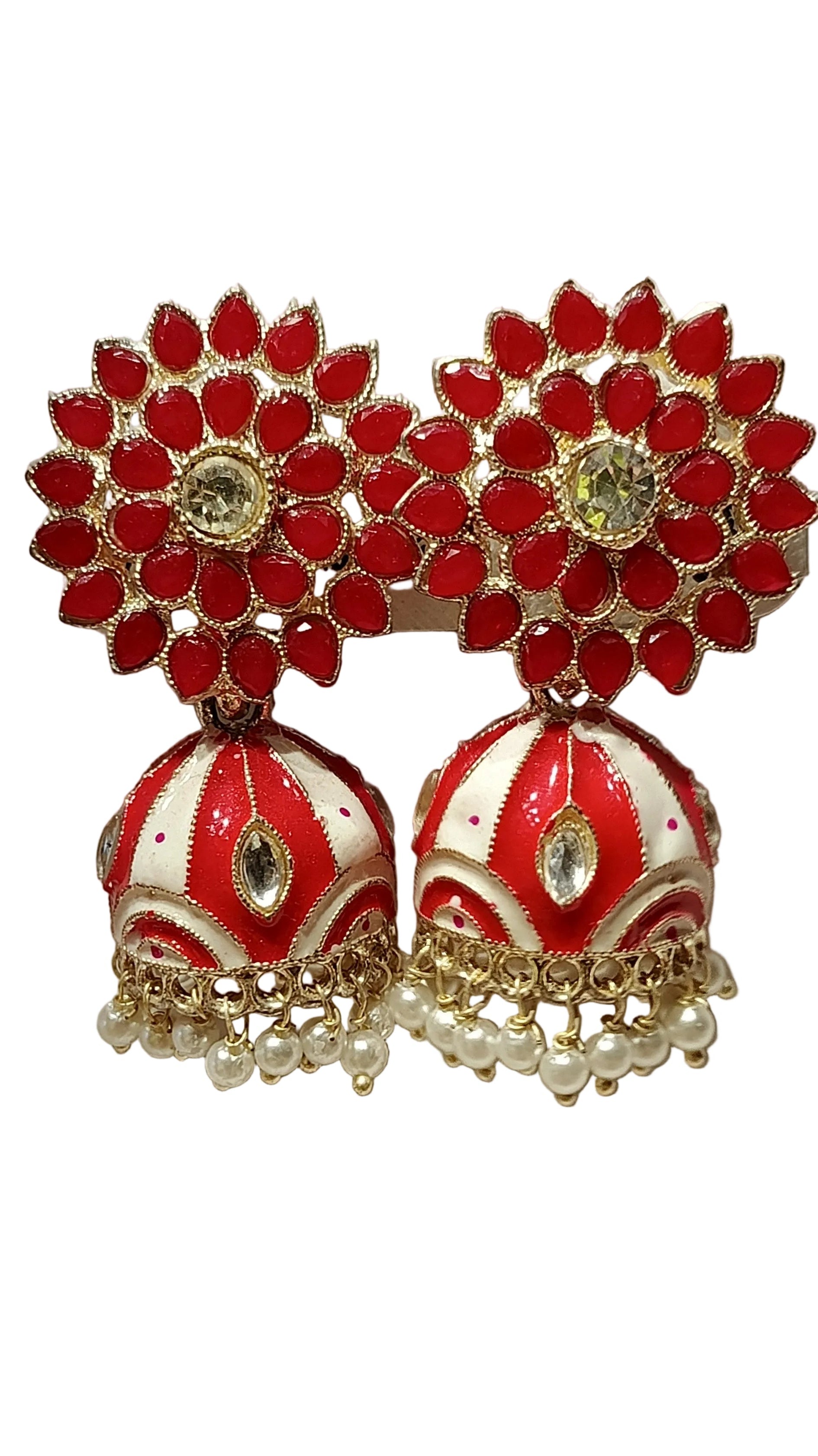 Red meenakari floral jhumka earrings with pearl drops traditional Indian jewellery
