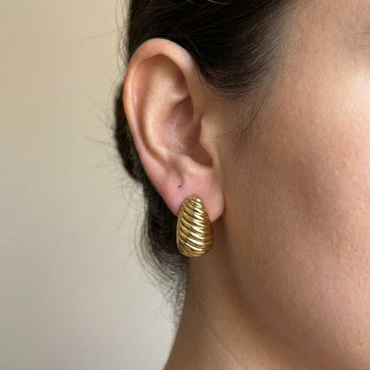 Chunky ribbed gold hoop earrings for women, trendy half hoop daily wear earrings India