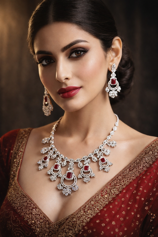 Bridal American Diamond Necklace Set with Ruby Stones | Premium AD Jewellery Set for Women (Wedding & Party Wear)