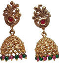 Gold Plated Peacock Jhumka Earrings with Red & Green Beads | Traditional Ethnic Temple Jewellery for Women
