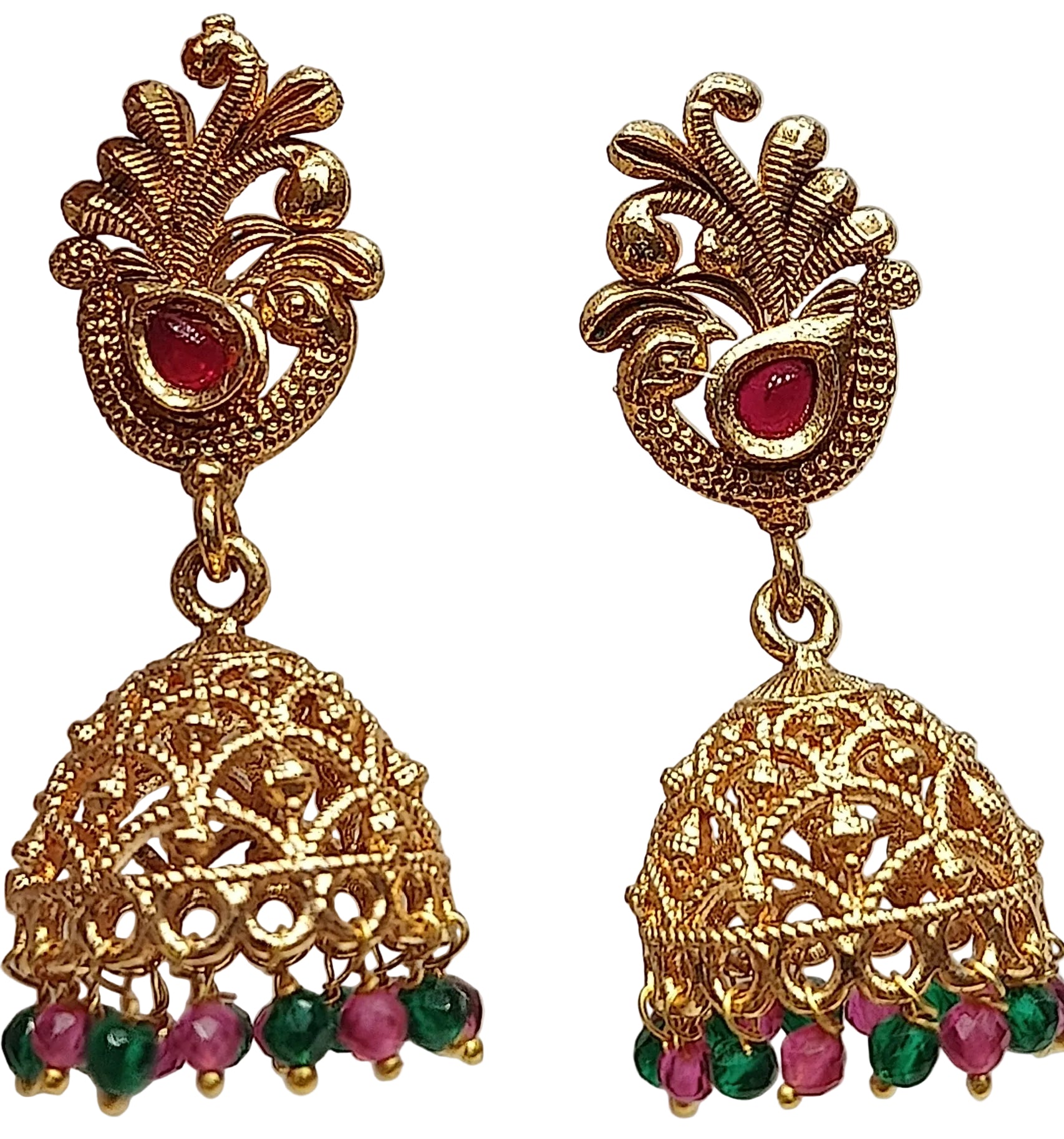 Gold Plated Peacock Jhumka Earrings with Red & Green Beads | Traditional Ethnic Temple Jewellery for Women