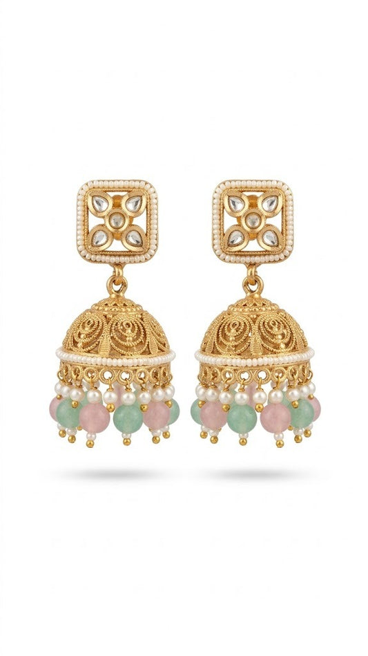 Earrings with Pearl & Pastel Beads | Traditional Wedding & Festive Jhumki for Women