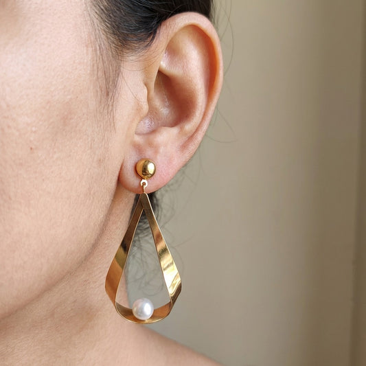 Elegant Gold Teardrop Pearl Earrings for Women | Modern Minimal Drop Earrings | Party, Wedding & Office Wear Jewellery